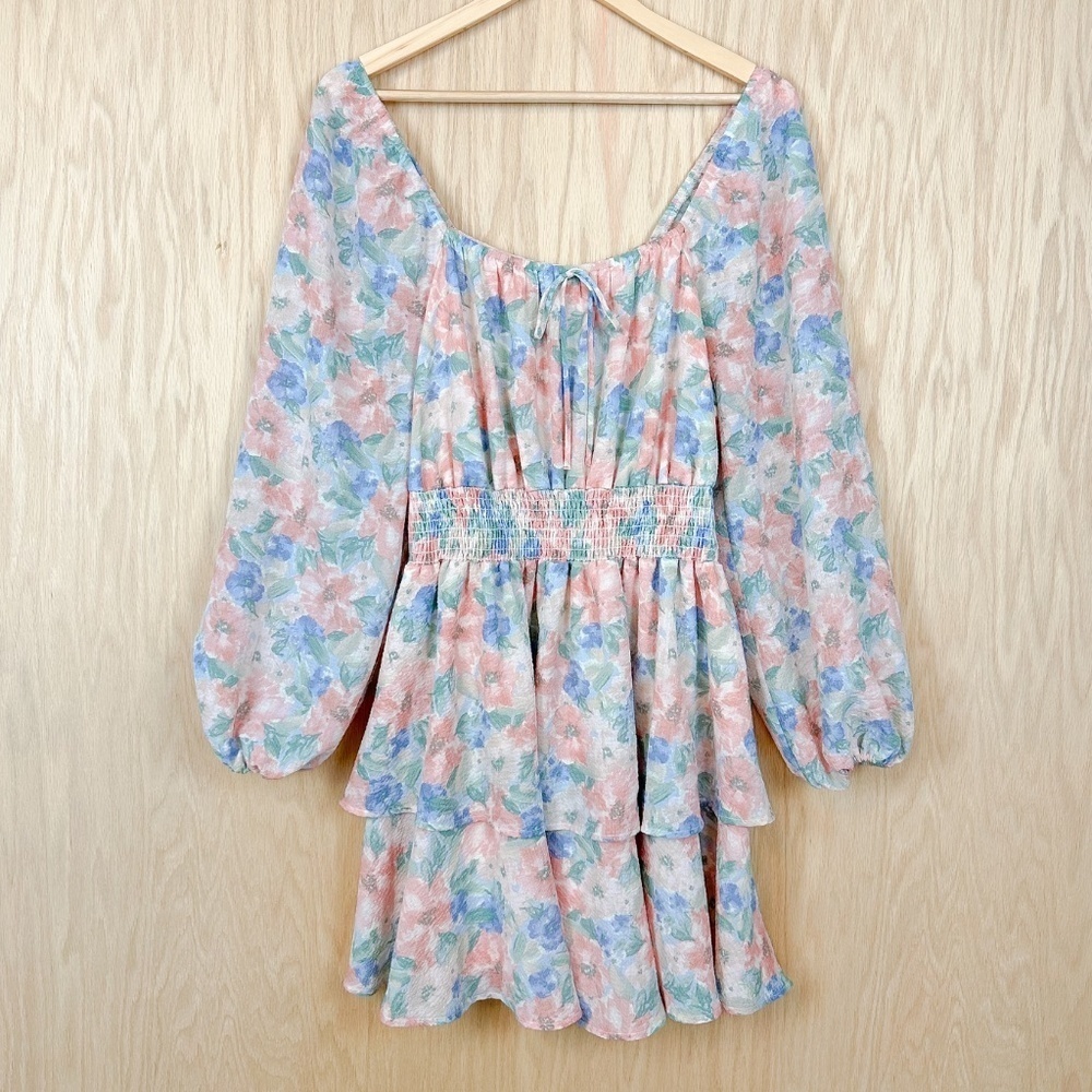 ARULA Floral Chiffon Tiered Long Sleeve Dress